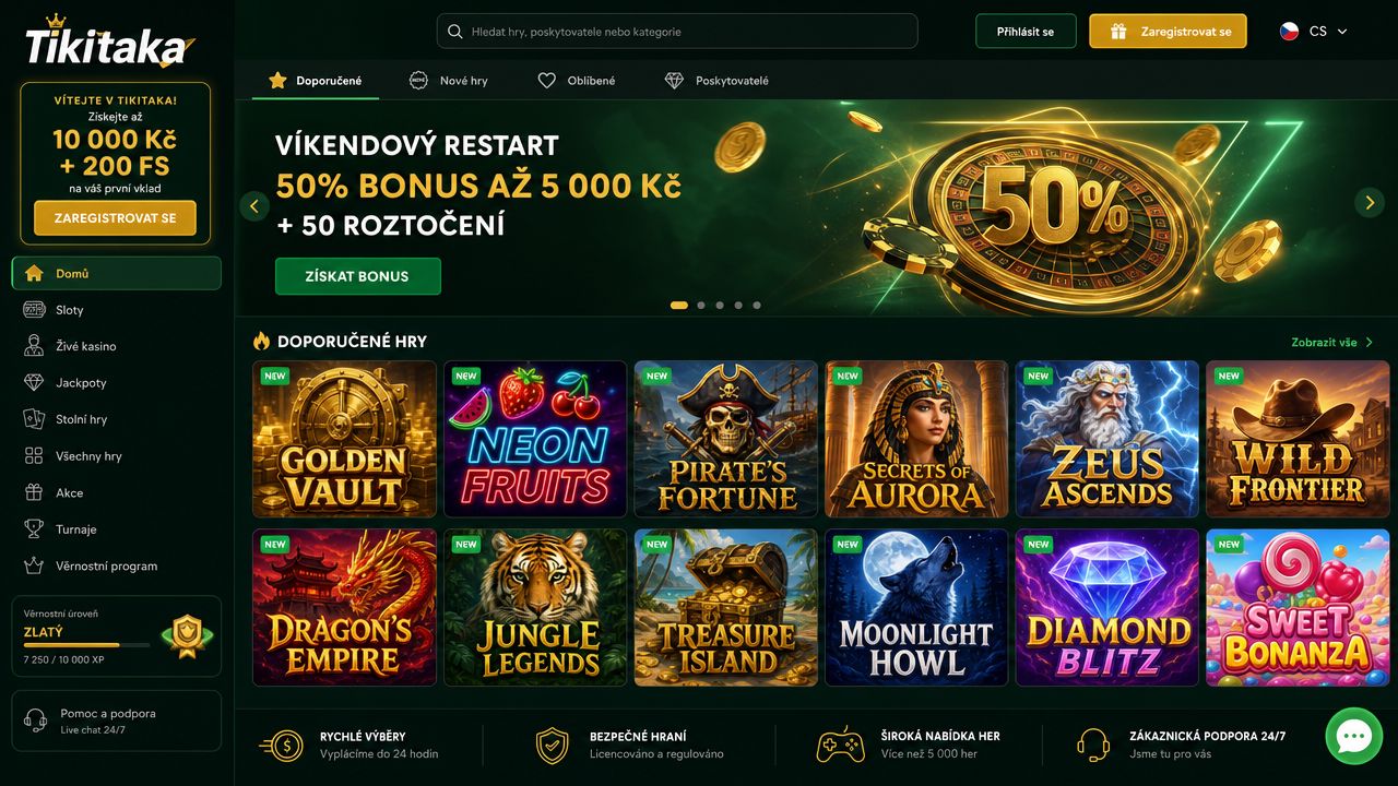 Náhled domovské stránky online casina Tikitaka